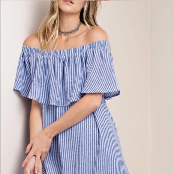 Kori America Blue Striped Off The Shoulder Dress - Picture 2 of 6